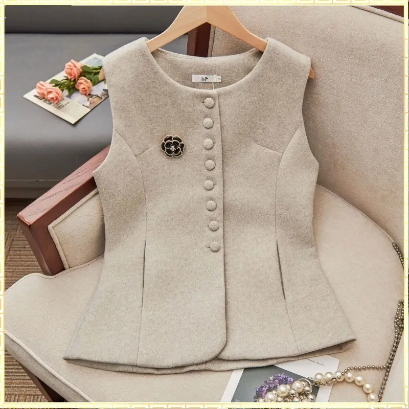 Bộ Vest Nữ Màu Xám, Phong Cách Thanh Lịch, Cổ Tròn, Áo Ghi Lê OL, Hàng Mới Về