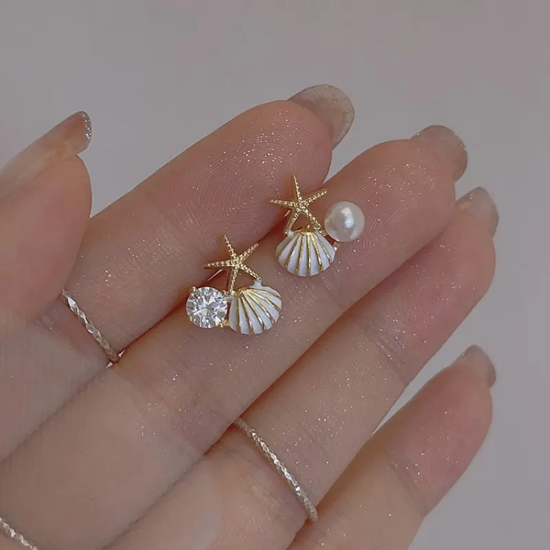 Hoa Tai Cho Bé Gái, Giá Cả Phải Chăng, Thiết Kế Sao Biển Và Vỏ Sò Sang Trọng, Đính Đá Và Ngọc Trai, Hoa Tai Đinh tán, Thiết Kế Đơn Giản, Cỡ Nhỏ, Phong Cách Ngọt Ngào, Phụ Kiện