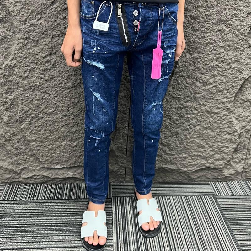 Quần jeans xanh đậm xước rách khoá lệch bo gân Hót New 1