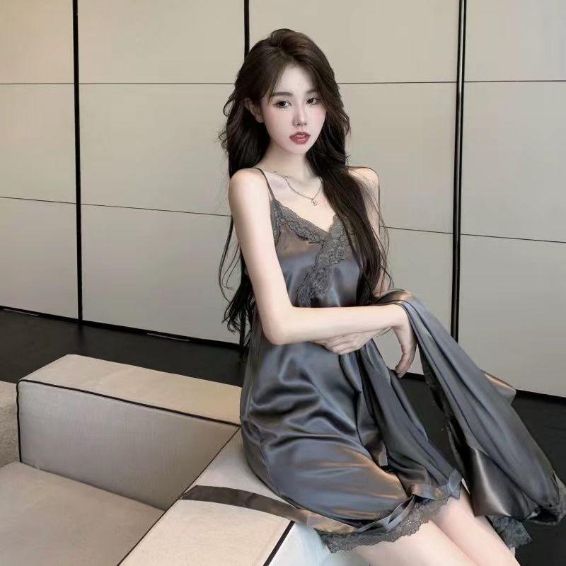 Váy Ngủ Mượt Mà Cảm Giác Băng Ren, Bộ Hai Mảnh, Phong Cách Mỏng Mùa Thu, Dây Đeo Mặt Dây Chéo Quyến Rũ, Váy Ngủ Mặc Nhà, Thích Hợp Cho Năm 2024 6
