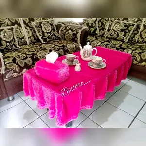 PAKET HEMAT Taplak Meja Rumbai Bulu Rasfur + Sarung Tisu Bulu