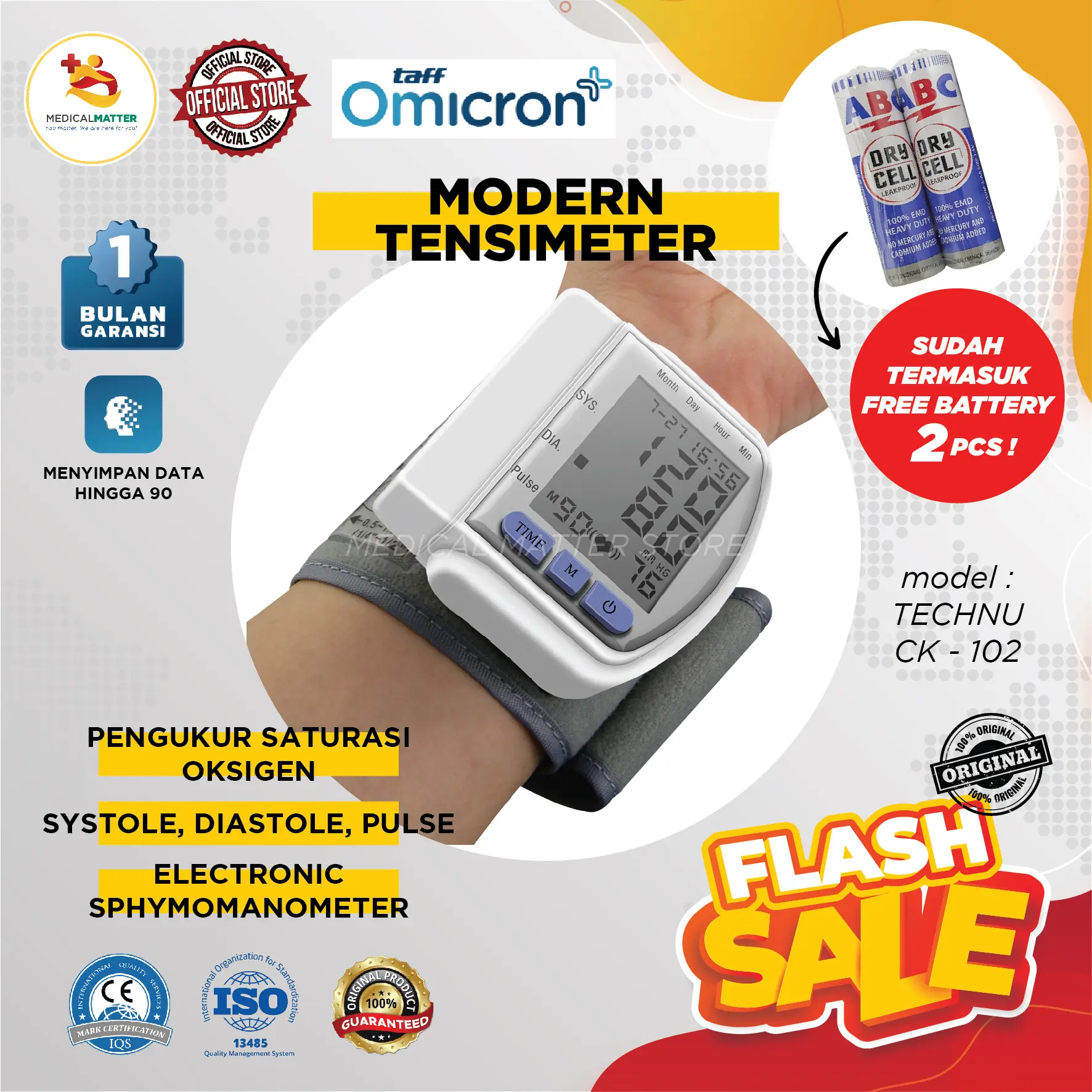 Taff Omicron CK 102S Alat Ukur Tekanan Darah Pergelangan Tangan Tensi Darah Tensimeter Digital Blood Pressure Measurement Electronic Sphygmomanometer Monitor Pulse Heart Beat Rate TaffOmicron meter