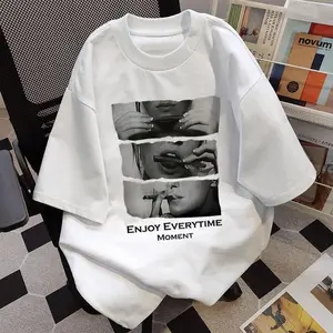 TRENDI COUPLE Gaya Amerika Retro Enjoy Everytime Moment pencetakan baju atasan wanita terbaru kaos pria oversize couple t shirt vintage 10.20