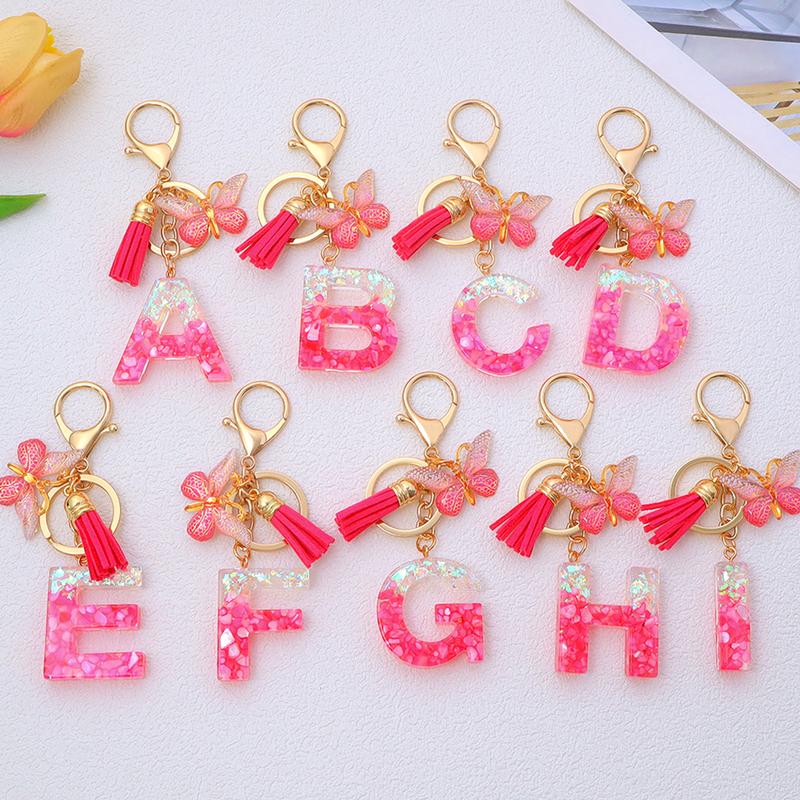 Dây Chuyền Chìa Khóa Chữ Cái Kim Sa Lấp Lánh Đầu Đầu A-Z Bằng Resin Màu Hồng, Mặt Dây Chuyền Tua Rua Bướm, Móc Chìa Khóa, Đồ Trang Trí Túi Xách, Phụ Kiện Trang Sức Xe Hơi