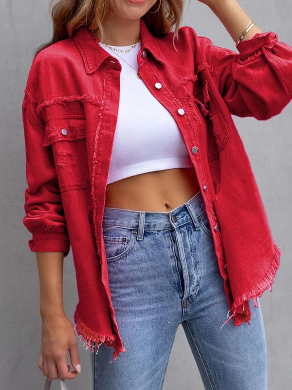 Women's Plain Ripped Raw Hem Button Front Drop Shoulder Coat, Casual Pocket Long Sleeve Collared Outerwear, Airport Outfits, Women's Shacket, Ladies Clothes, Summer Outfits 2024, Coats for Women Womenswear Jackets Tops Comfort Basic Fitted Minimalist 4