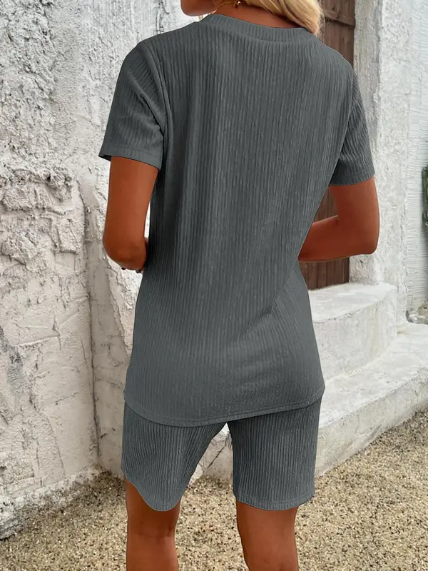 Women's Textured Top & Drawstring Waist Shorts Two-piece Set, Casual Short Sleeve Round Neck Top & Elastic Waist Shorts, Summer Outfits Clothes Set for Ladies Outdoor Holiday 5