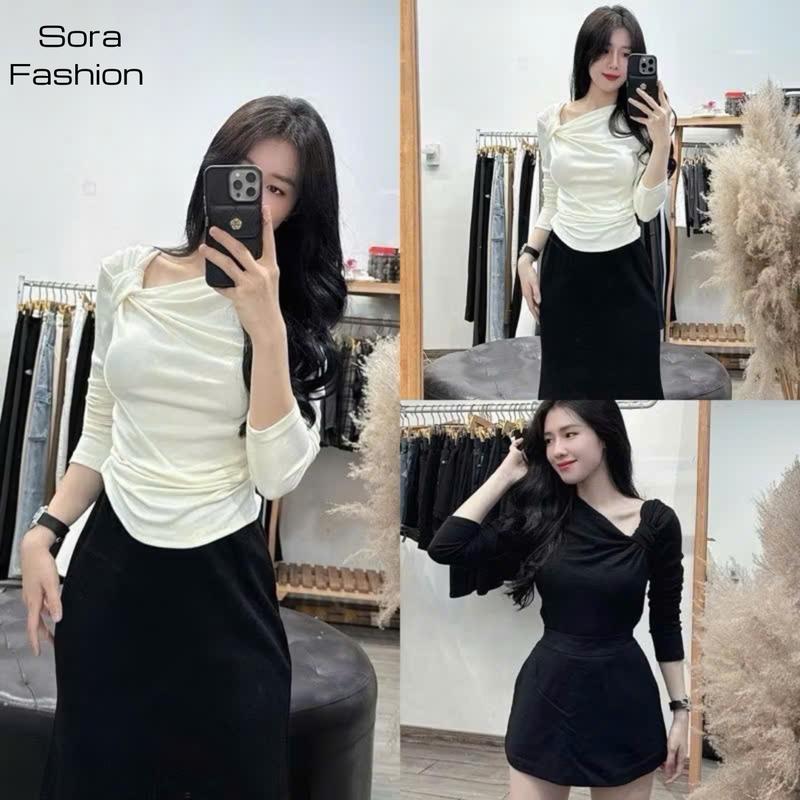 Áo Kiểu Nữ Xoắn Vai Vạt Eo Sora Fashion, Áo Thun Kiểu Nữ Dài Tay Che Khuyết Điểm Chất Liệu Thun Tăm 199 Women Top Shirt