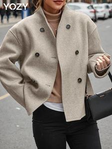 YOZY Women's Solid Double Button Drop Shoulder Jacket, Casual Long Sleeve Jacket for Fall & Winter, Women's Clothing for Daily Wear