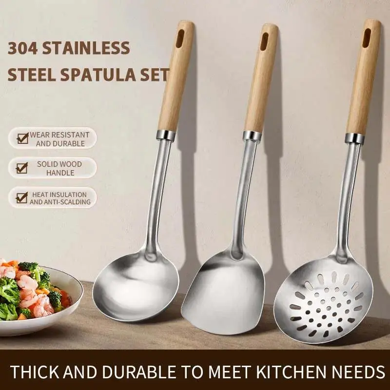 High quality kitchen stainless steel cookware Wooden handle spatula soup spoon colander cookware set Utensils