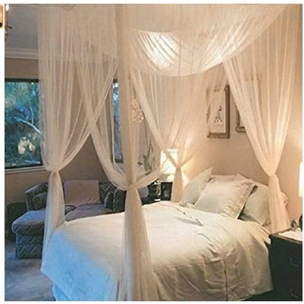 Local shipping-Bed Canopy Mosquito Net 4 Corner Post Bed Canopy Mosquito Net Bed Mosquito Netting Mesh Bedding Netting Curtains Fly Midges Insect Protection Repellent White