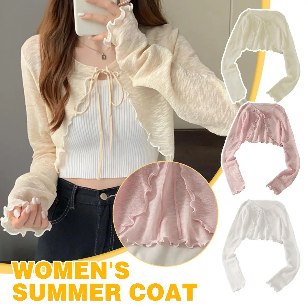 Lace-up Cardigan Sun Protection Women's Shawl Summer Long-sleeved Knitted Coat Short Silk T2W7