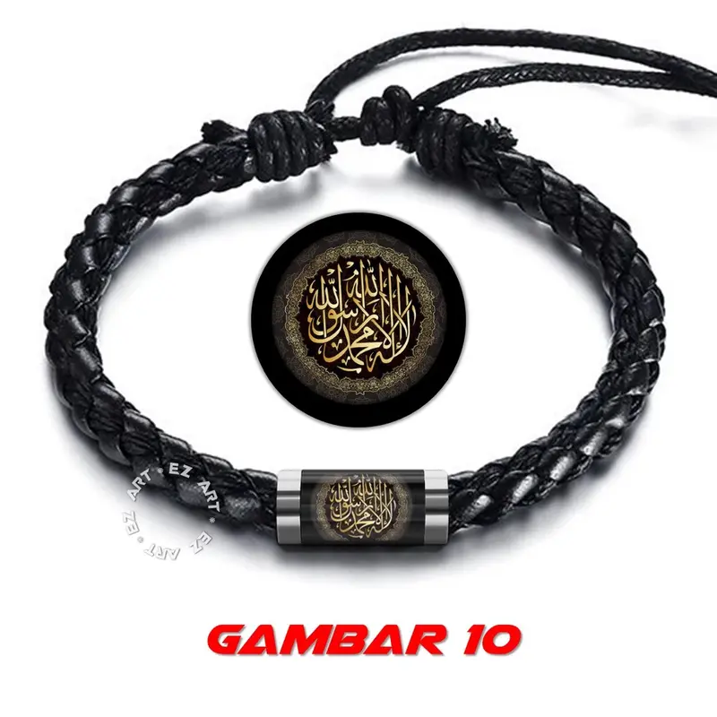 GELANG SIMPLE LAFADZ TAUHID ALLAH MUHAMMAD ISLAM MUSLIM TALI KULIT KEPANG GAMBAR KACA EPOXY TABUNG STAINLESS STEEL 7