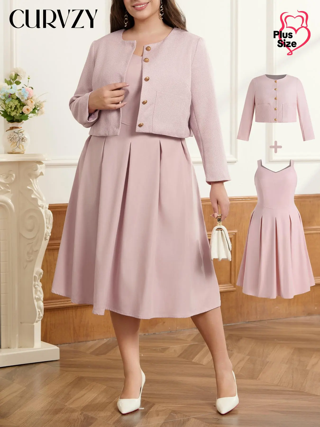 CURVZY Plus Size Solid Color Button Front Blazer & A-line Dress Set, Elegant Fashion Casual Two-piece Outfits for Daily Outdoor Wear, Women's Clothes for Spring Fall