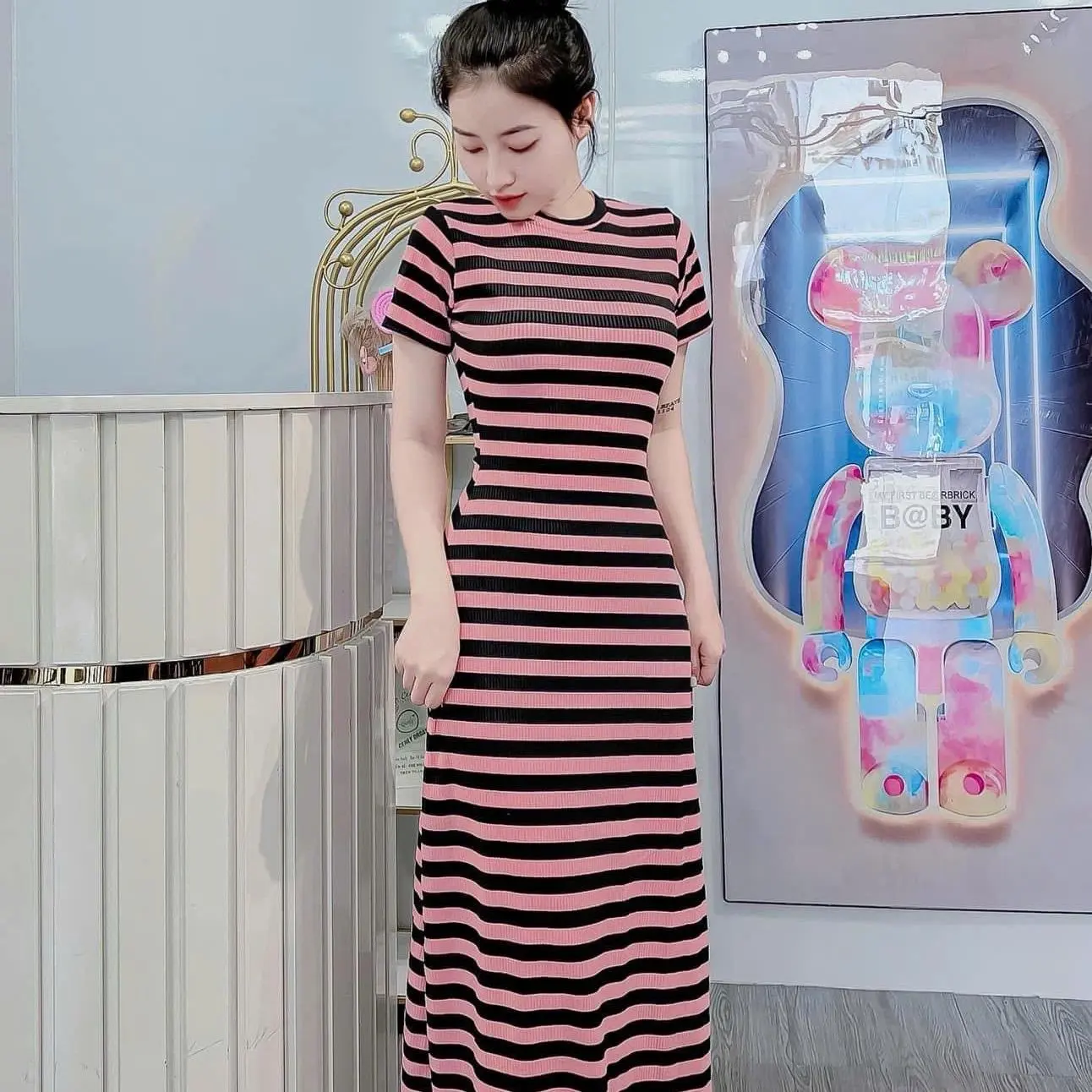 Đầm body dọc dáng xoè tôn dáng chất vải thun gân mềm mịn Nữ Women Dress Kem Nhung Voi Sọc Kẻ