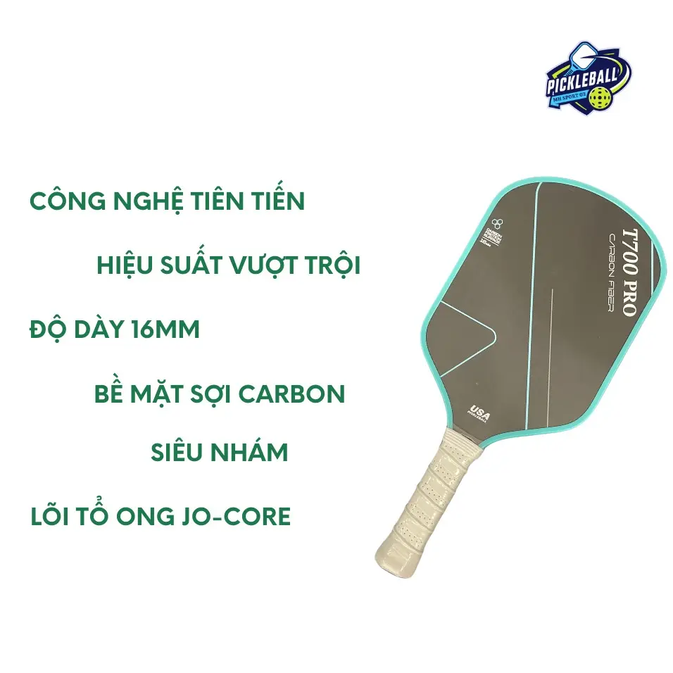 Vợt Pickleball T700 Pro bản nâng cấp độ dày 16mm - Bề mặt được làm từ sợi Carbon siêu nhám cao cấp