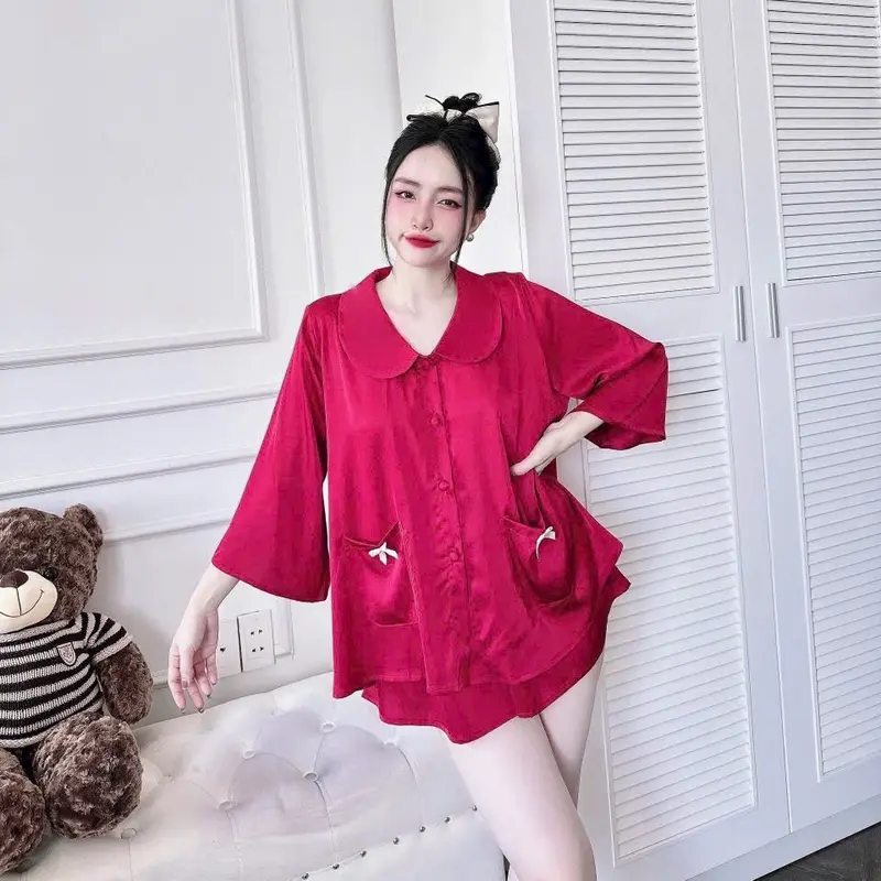 Set Bộ Đồ Ngủ Bộ Mặc Nhà Tiểu Thư Cổ Sen 2 Túi Tay Lửng Lụa Tơ Tằm CC Dành Cho Nữ 40-75kg 1
