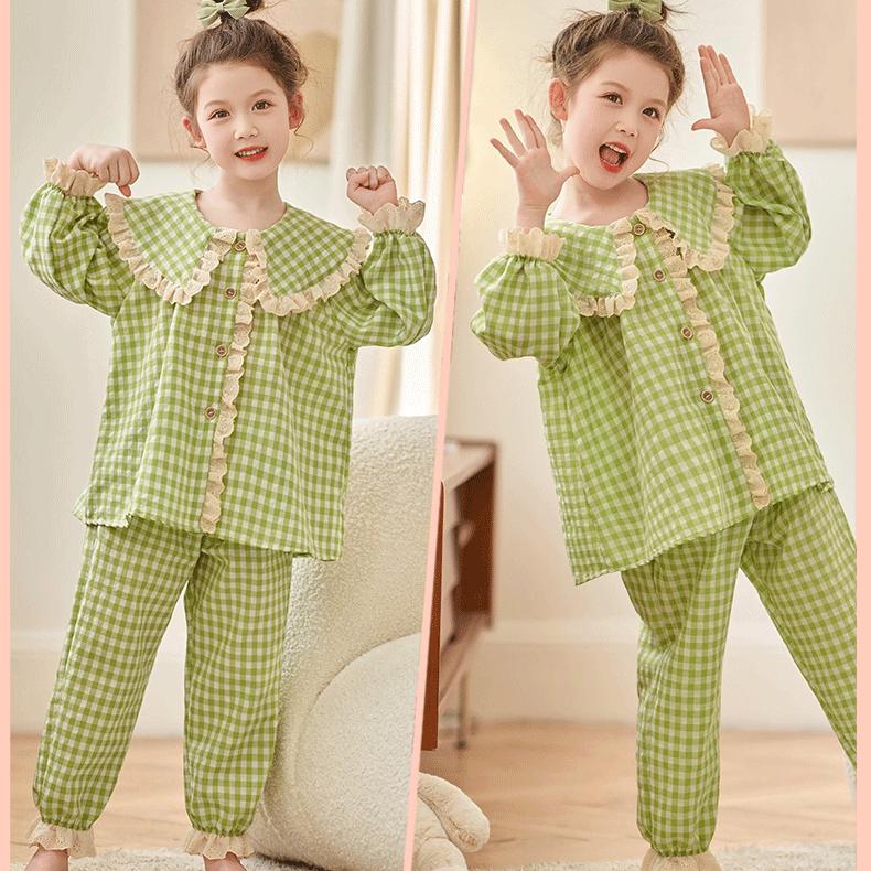 Bộ Đồ Ngủ Bé Gái, Dài Tay, Mùa Xuân Và Mùa Thu, Hàng Mới Về, Cổ Búp Bê, Kẻ Sọc, Phong Cách Công Chúa Bé Gái Lớn, Bộ Đồ Mặc Nhà 0