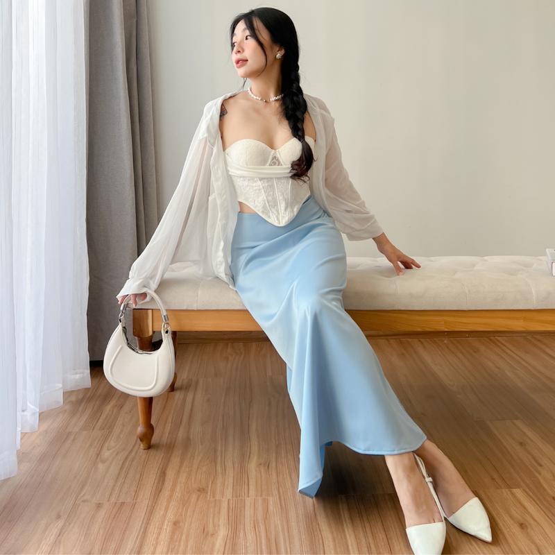 CV011 - Chân váy midi Lụa dáng dài qua gối SANJOLI một lớp chất liệu lụa satin mêm mịn, kiểu dáng đuôi cá Hàn Quốc Nữ