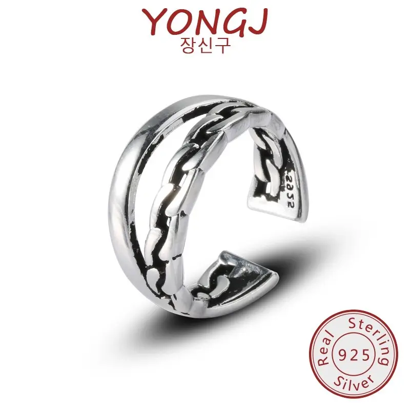 YONGJ 925 Silver Retro Japanese and Korean Style Personalized Glossy Chain Dual Layer Open-End Ring