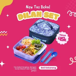 Tas Bekal Kantor Kerja Sekolah Kotak Makan Sendok Garpu Dilan Set lunch box bag oxfordd ↪ pink muda - polos