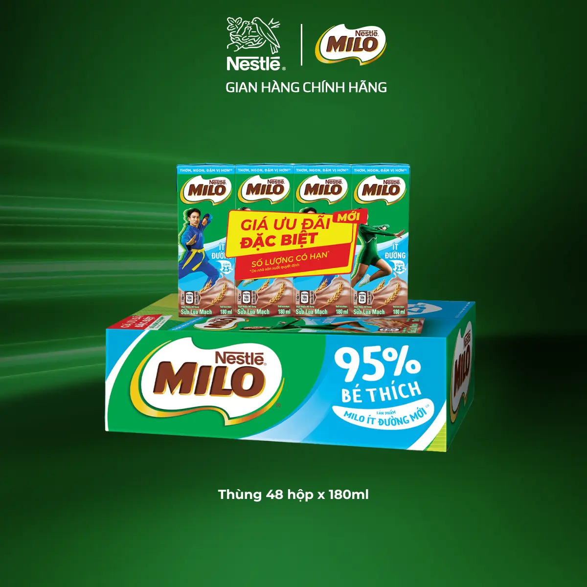 [Voucher giảm thêm đến 50k] Nestlé VN Sữa lúa mạch Nestlé MILO ít đường thùng 48 hộp x 180ml (12x4x180ml)-ST