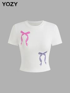 YOZY Women's Bow Print Tee, Casual Short Sleeve Round Neck T-shirt, Ladies Clothes for Daily Wear