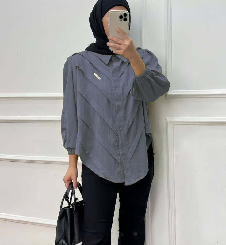 Kemeja Winuri Wanita Polo Linen Polos Lengan Balon M L XL XXL Cantik Formal Busui Panjang Atasan Variasi 1