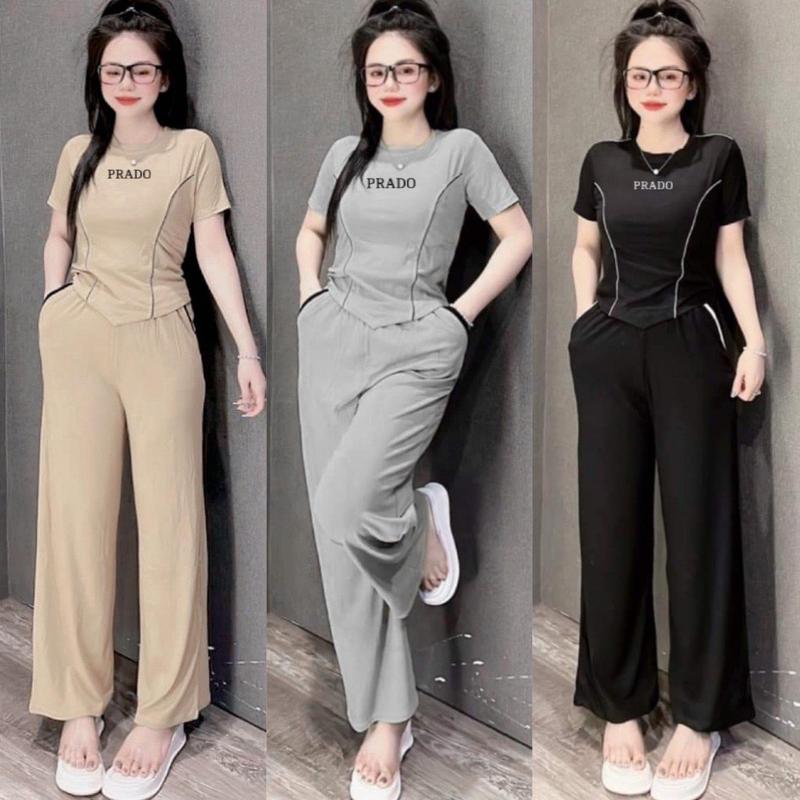Set Bộ Quần Suông Trơn Tăm Lạnh Áo Vạt Nhọn Phối Viền Top Nữ Women Đen Bigsize 40-80 KG