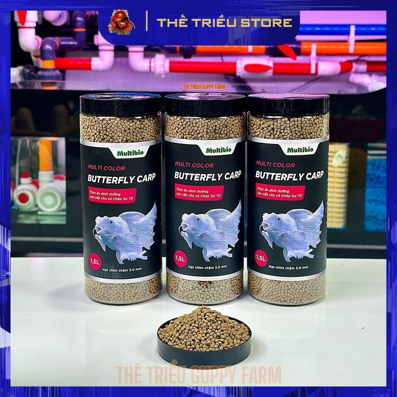Multi Color Butterfly Carp - 0.75Lít & 1.5Lít. Thức ăn cao cấp chuyên dụng cho cá Chép sư tử, cá vàng và nhiều loại cá khác (Hạt nổi & Hạt chìm tuỳ chọn). Cám nhẹ nên tính theo khối lượng là Lít