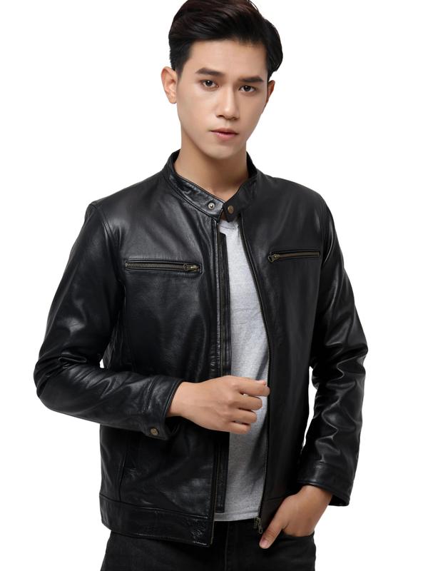 Áo khoác da nam áo da xịn cao cấp Racer Jacket 2 Khoá Ngực Cổ Trụ Da Bò mã AD208