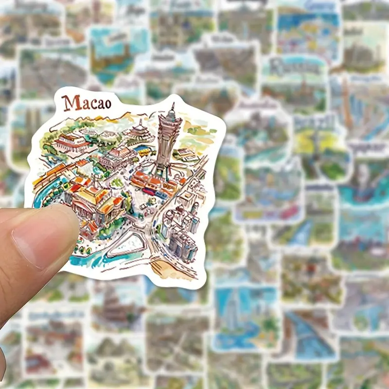 Travel Map Pattern Sticker, 50pcs/set Cartoon Waterproof Self-adhesive Sticker, Diy Decals for Gift Greeting Card Water Bottle Laptop, Scrapbook Materials 6