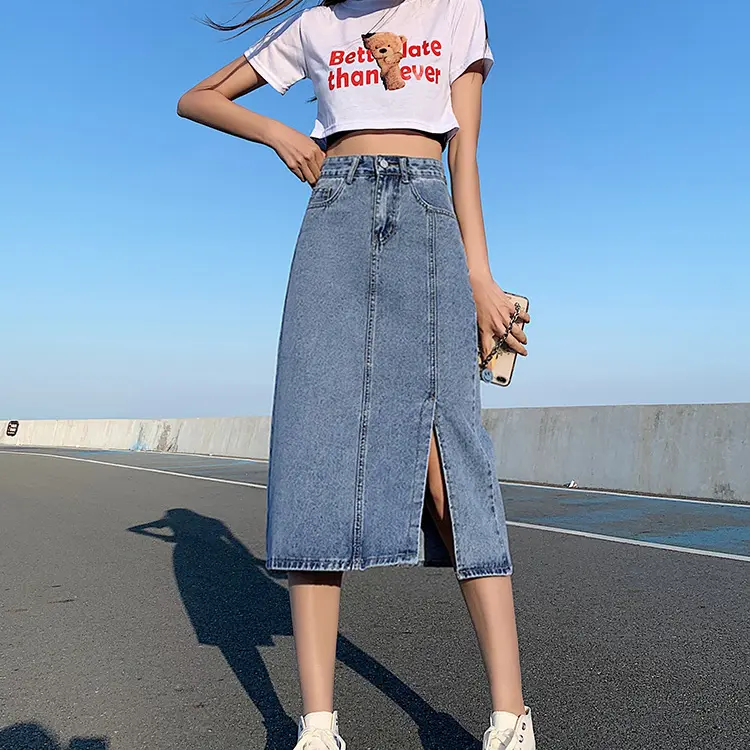 Mid-length denim skirt for women in summer, slimming high waist, split temperament, petite skirt