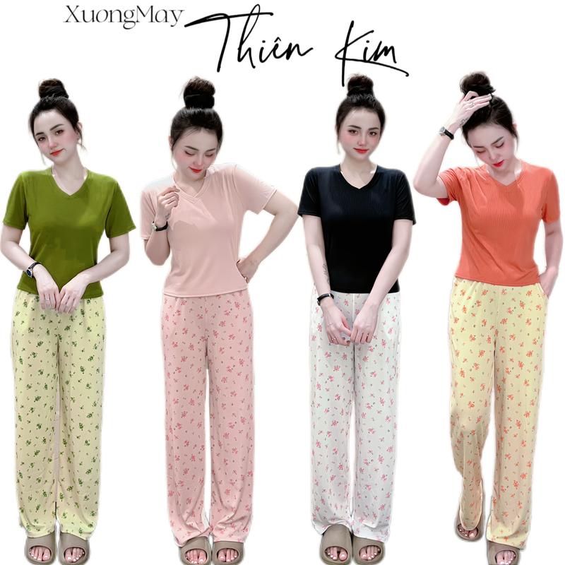 Bộ đồ thun gân mặc nhà thun gân ống suông ép họa tiết dễ thương, áo croptop cổ tim phù hợp mọi hoạt động - TK990 Nữ Ong