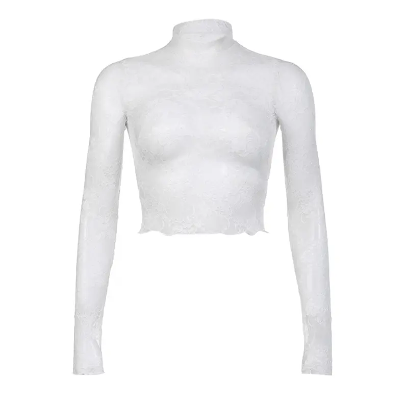 Women Lace T-shirt, Long Sleeve High Neck See-through FlowerFit Ladies Tops for Club Party