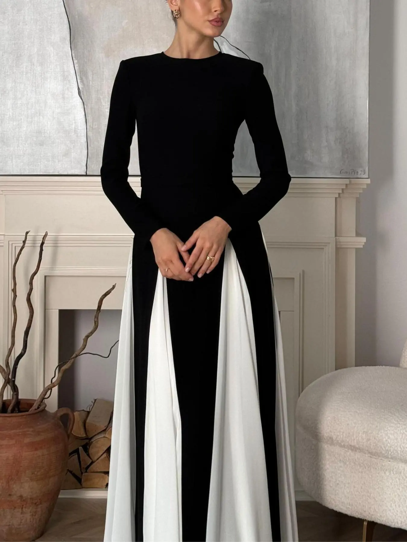 Women's Colorblock Long Sleeve Round Neck Dress, Elegant Fashion Crew Neck A Line Dress for Daily Outdoor Wear, Women Dress for Spring & Fall