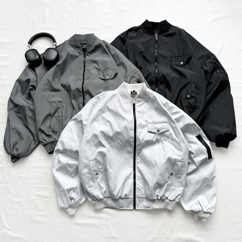 BOMBER ZIP BOXY - Áo khoác Bomber TANU tay nhún cánh dơi form rộng nam nữ unisex màu XÁM TRẮNG/XÁM CHÌ/ĐEN Menswear Jacket Có Túi
