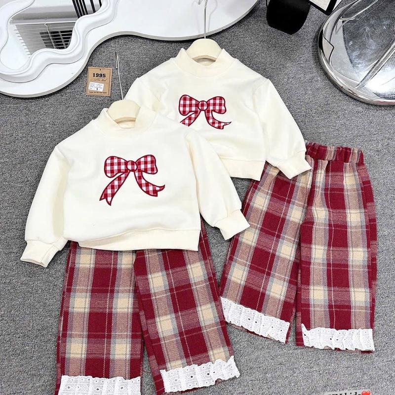 H44--Set áo nỉ thêu nơ xinh đẹp , kèm quần dạ kẻ ống xuông dành cho bé gái (9-31kg) Legging