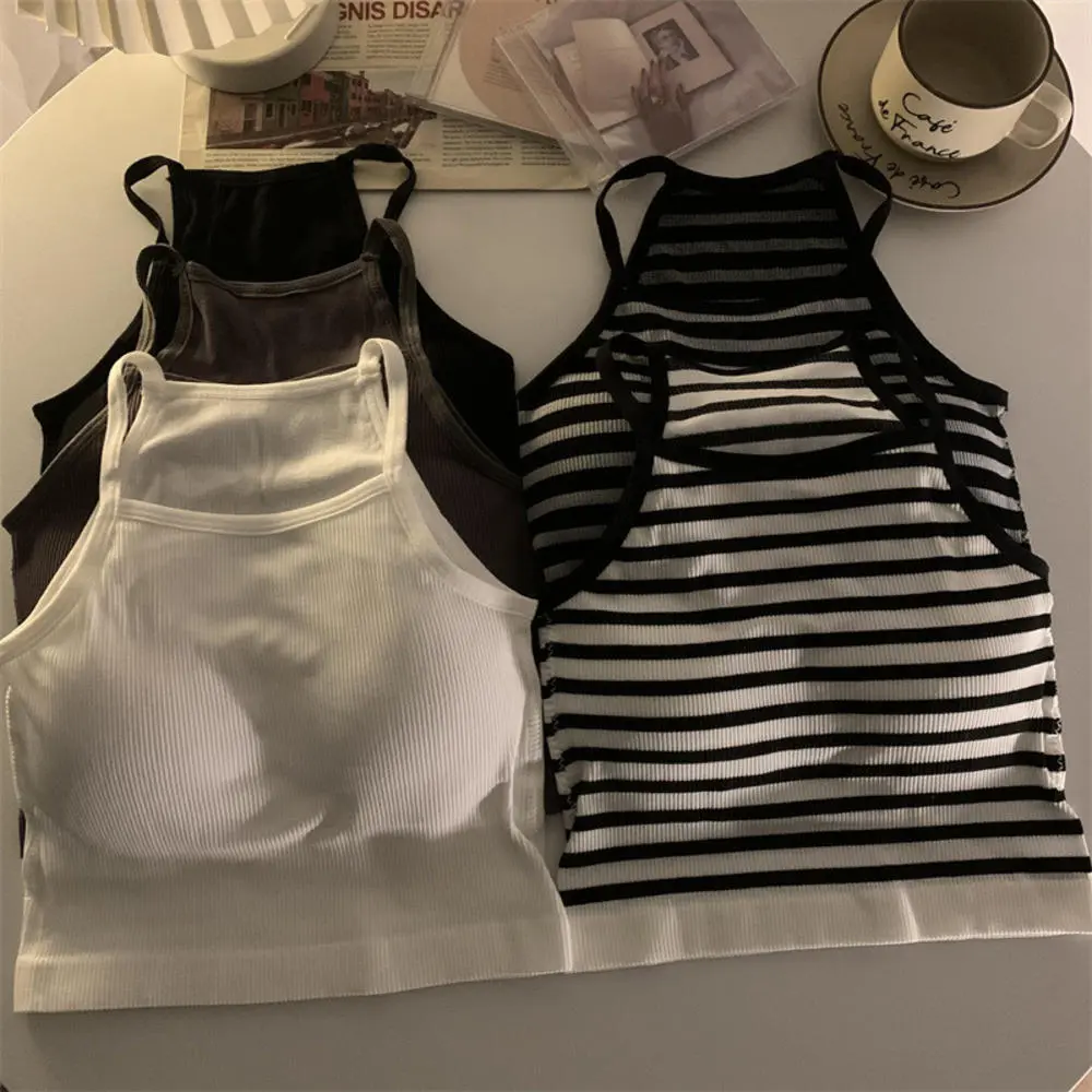 Áo Ba Lỗ Nữ, Có Đệm Ngực, Nylon Ren Co Giãn, Áo Crop Top Hàn Quốc, Chi Tiết Kẻ Sọc, Áo Yếm Thời Trang, Thích Hợp Cho Thời Trang Đường Phố, Thời Trang Mùa Hè, Thích Hợp Cho Người Trẻ Và Người Lớn Mặc Croptop Women