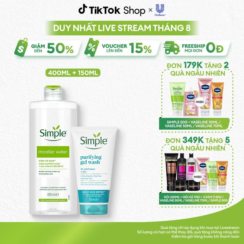 Combo Skincare Simple Nước Tẩy Trang 400ml + Sữa Rửa Mặt 150ml Giúp Da Sạch Thoáng [1]