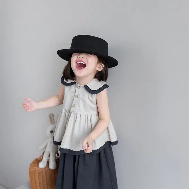 Set áo Sơ Mi cotton Lanh Cổ Búp Bê Không Tay Màu Trơn Kèm Quần ống rộng Thời Trang Mùa Hè Phong Cách Mới Dành Cho Bé Gái Cổ Tròn Shirt set đồ 4