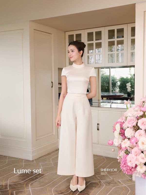 JOIE DES ROSES - Set áo lụa tay hến cổ còm và quần dài ống rộng phối đai nơ LUME