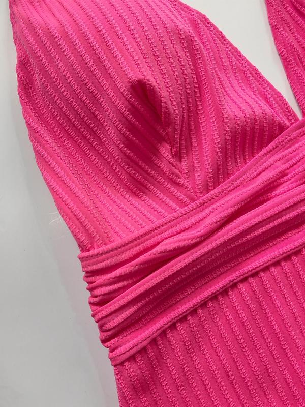 【Plus Size】Solid Color V Neck One-piece Tank Swimsuit, Plus Women's Sexy Sleeveless Ribbed Swimwear for Summer, Plus Ladies One Piece Swimsuit for Beach Holiday Vacation, Swim Bodysuit 2