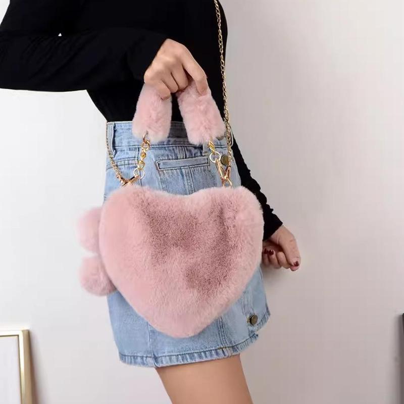 Product Introduction of Women Messenger Bag Cute Heart Shaped Shoulder Bag Fluffy Chain Soft Fashion Crossbody Handbag 35