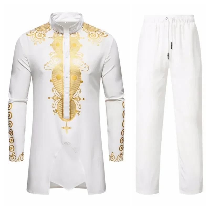 Product Introduction of New Personality Men's Long Sleeve Shirt Sets Leisure Dinner Print Design Medium Long Clothes for Men 11
