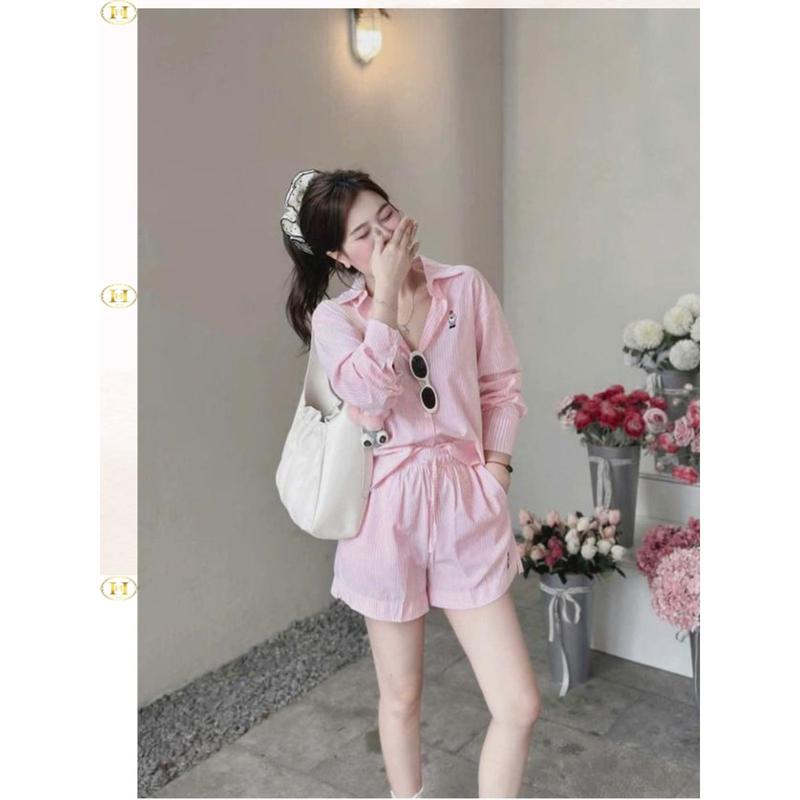 [Có tách lẻ] Set Bộ kẻ sọc thêu cún gồm áo sơ mi và quần đùi chất thô mềm, có túi, size 40-60kg, hot trend xuân hè 2025 - Top WomenStore 3