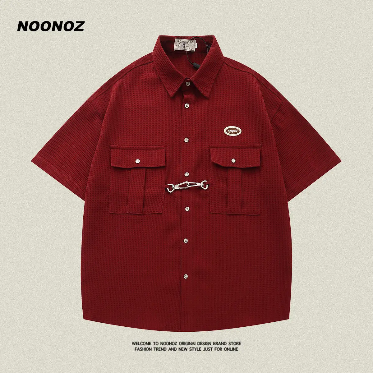 Kemeja Lengan Pendek Hip Hop Wafel Vintaj, Jenama Fesyen Noonoz, Untuk Lelaki, Gaya Jalan Musim Panas, Gaya Preppy Amerika, Baju Serba guna