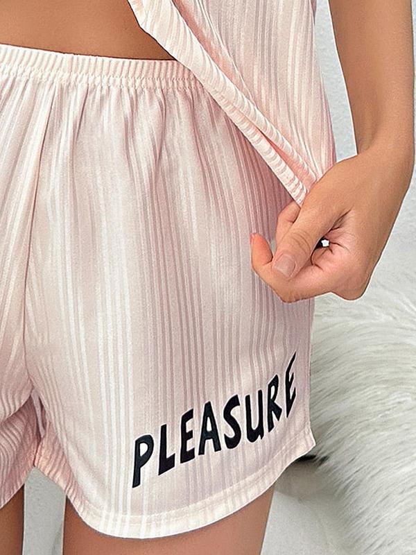 Women's Letter Print Pyjama Set, Casual Comfy Crew Neck Short Sleeve Printed T-shirt & Elastic Waist Shorts Loungewear Set, Women's Sleepwear & Loungewear 5