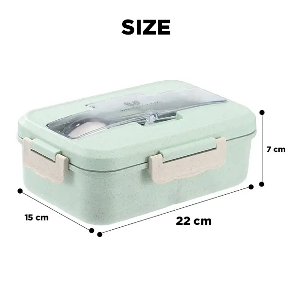 LUNCH BOX SET KOTAK BEKAL MAKAN JERAMI GANDUM KOTAK MAKAN ​1000ML 4-IN-1 FREE SENDOK TEMPAT MAKAN Buah Peralatan Silikon Biru 3
