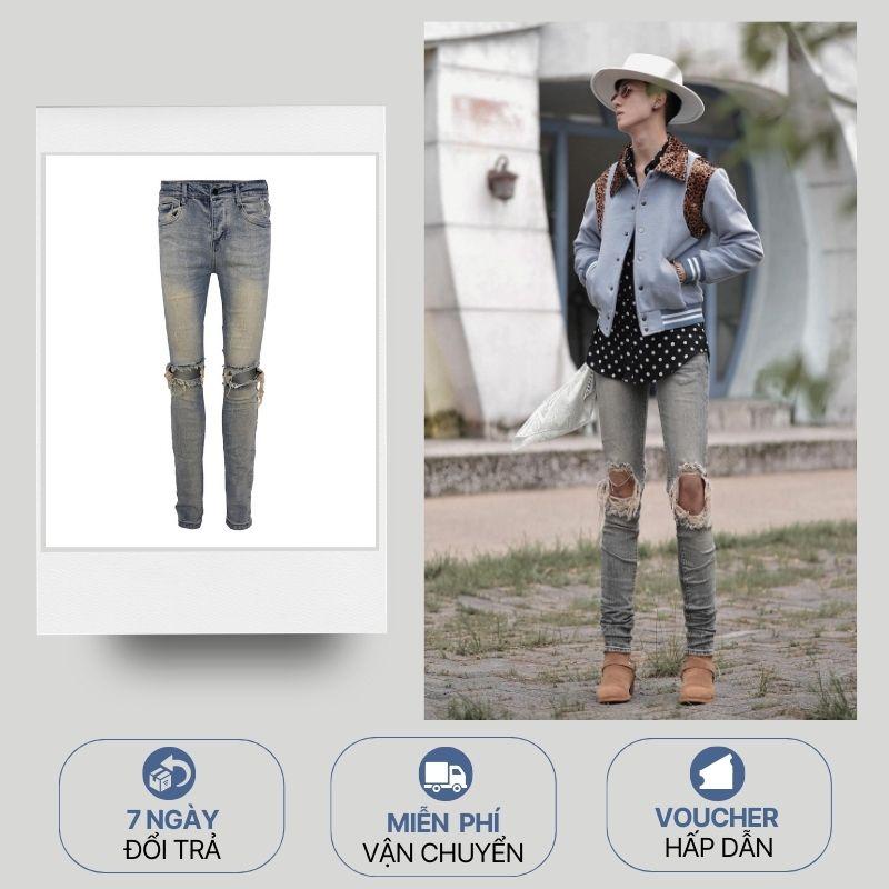 Quần Indigo Ripped Skinny Jeans Cho Nam Rách Gối Hàng Nhập Khẩu, Chất Vải Denim Dày Bền Menswear Pants
