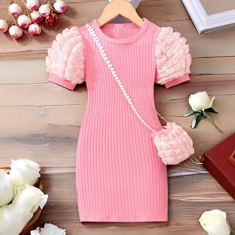 Girls Spring Summer Dress Vibrant Pink Bubble Sleeve Fashion Dress